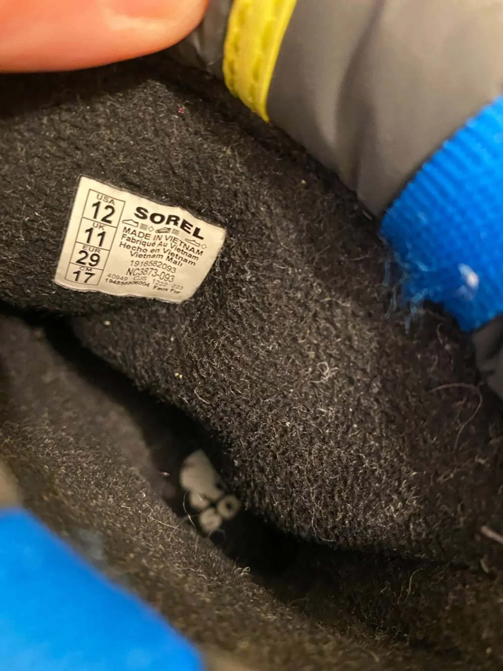 Sorel Kids Black Snow Boots with Yellow, Blue & Red Accents. Size 12